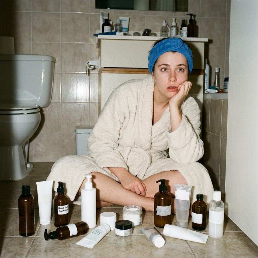 Exhausted woman in a bathrobe on the bathroom floor, surrounded by a dozen skincare bottles