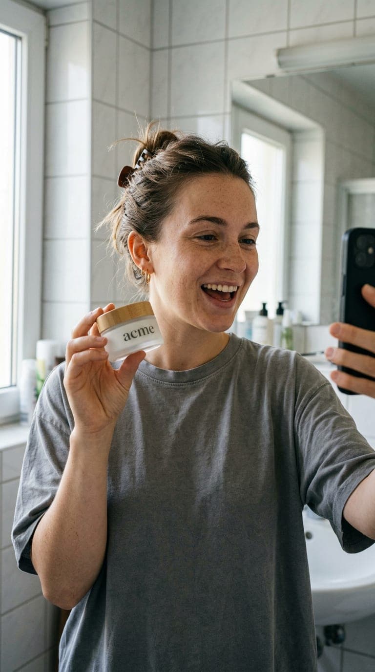 Creator filming a selfie video in her bathroom, holding up a jar of Acme cream and laughing
